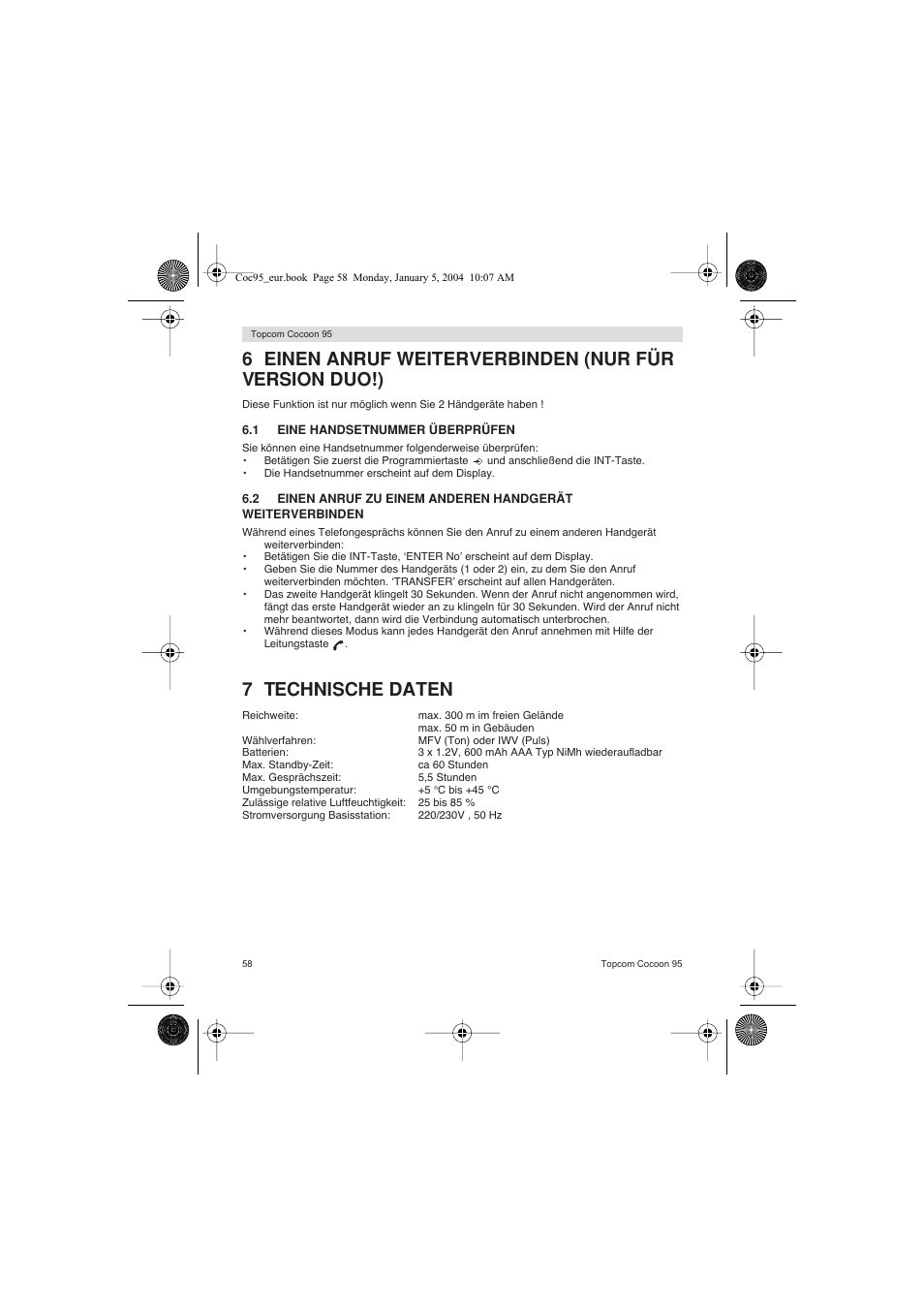7 technische daten | Topcom Cocoon 95 User Manual | Page 58 / 64