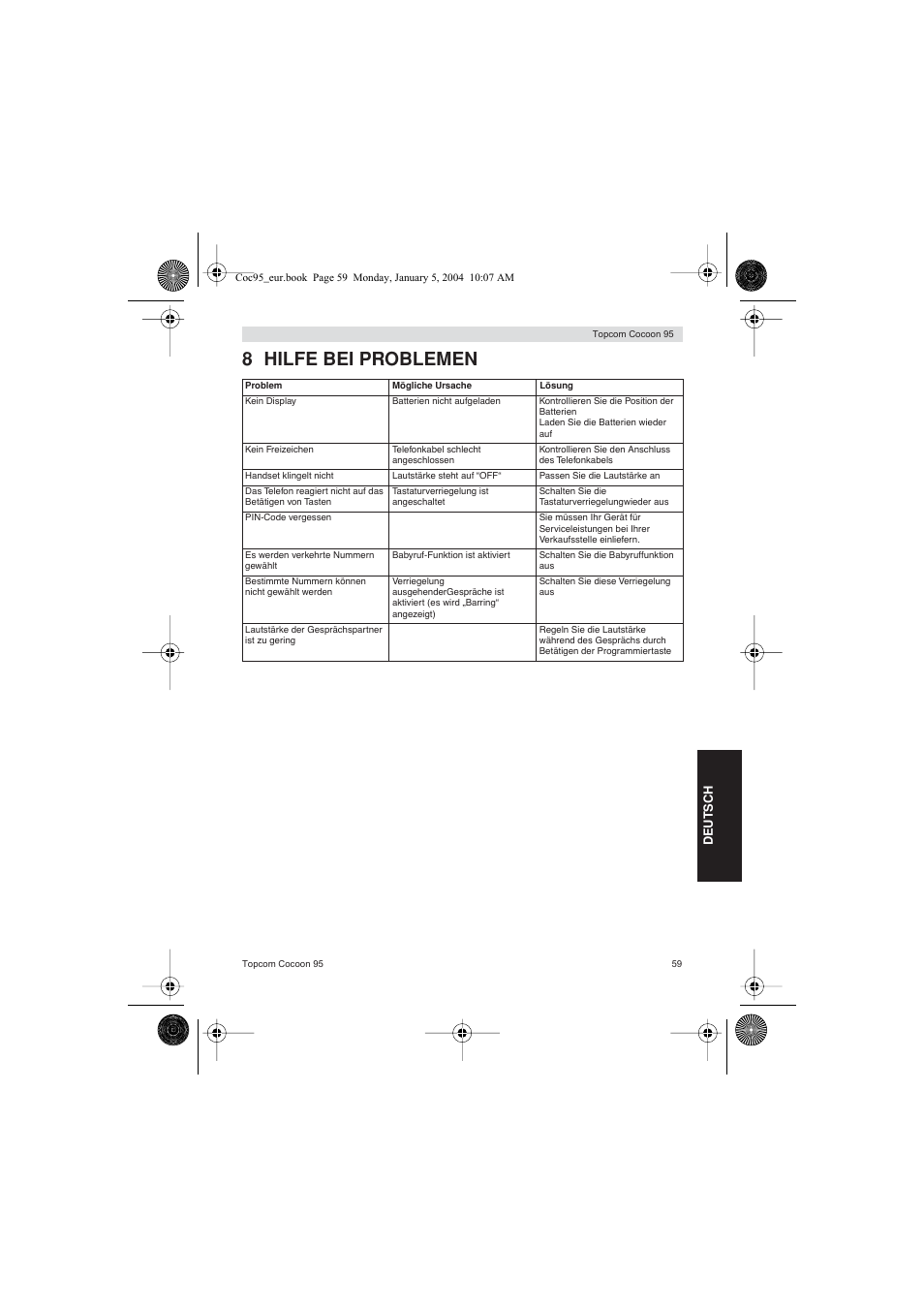 8 hilfe bei problemen | Topcom Cocoon 95 User Manual | Page 59 / 64
