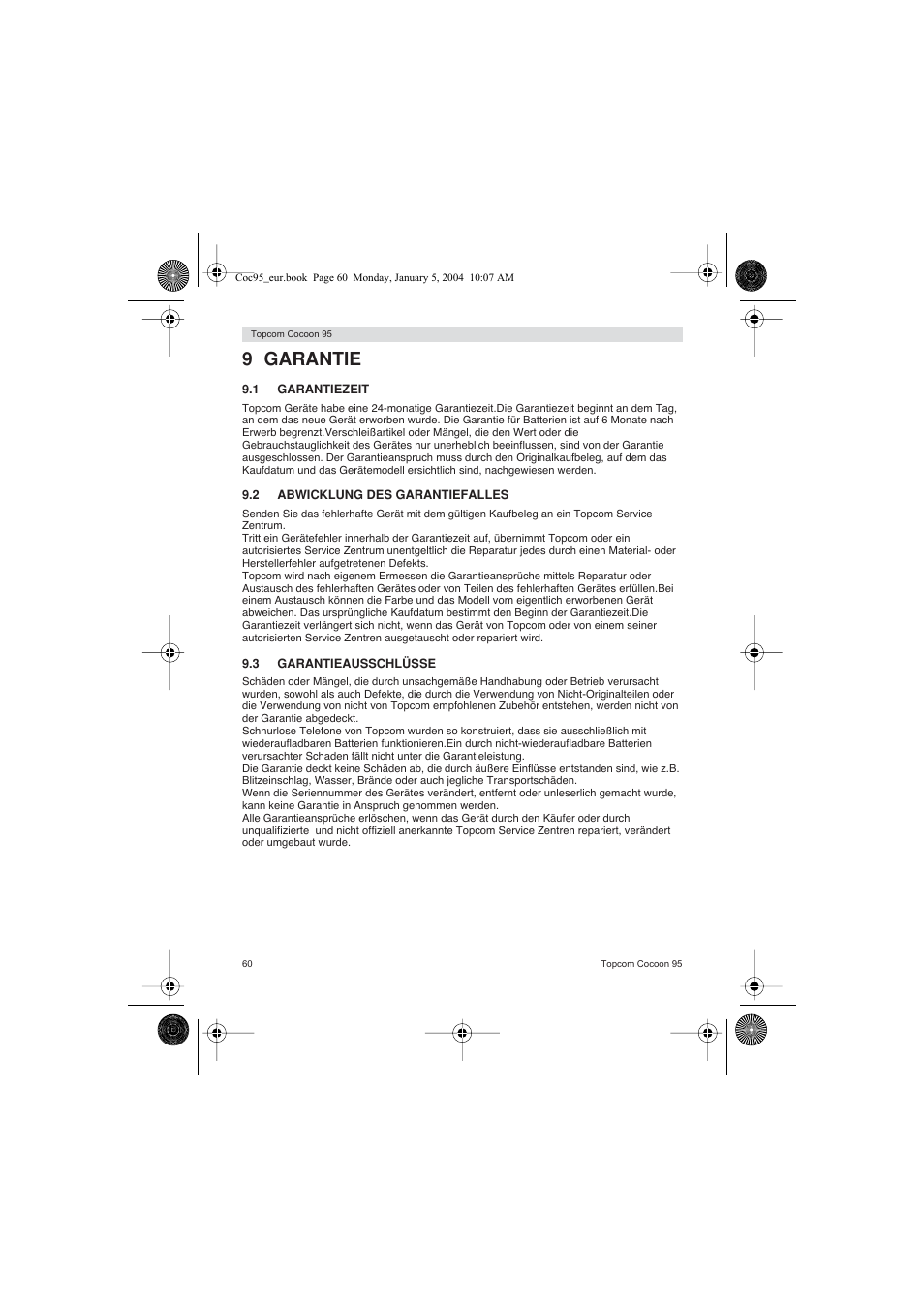 9 garantie | Topcom Cocoon 95 User Manual | Page 60 / 64