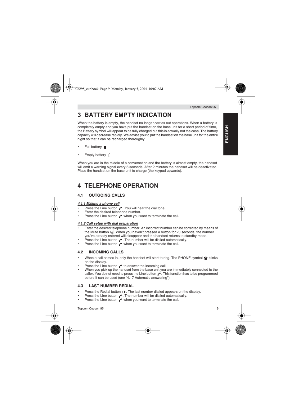 3 battery empty indication, 4 telephone operation | Topcom Cocoon 95 User Manual | Page 9 / 64