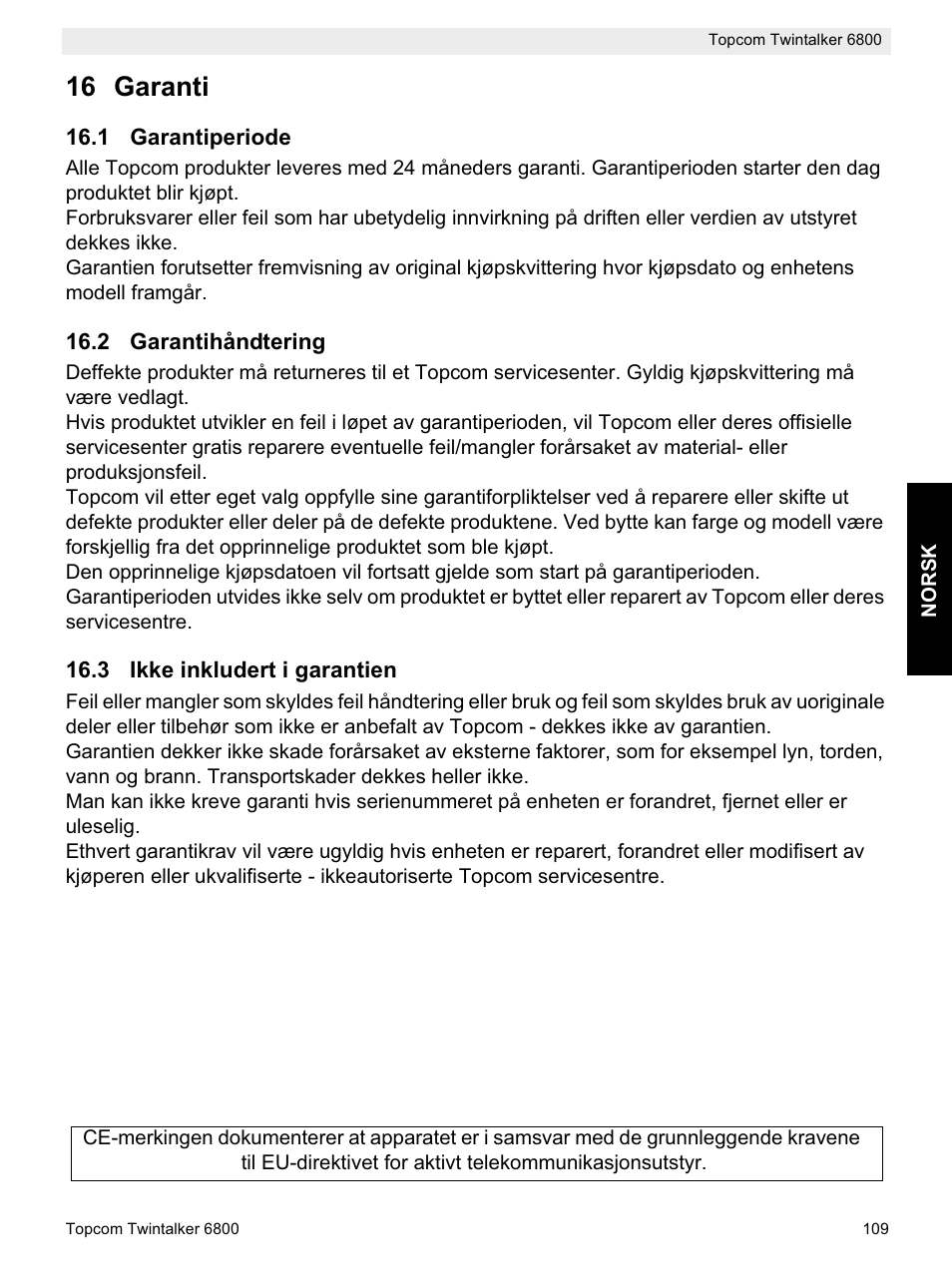 16 garanti | Topcom Twintalker 6800 User Manual | Page 109 / 236