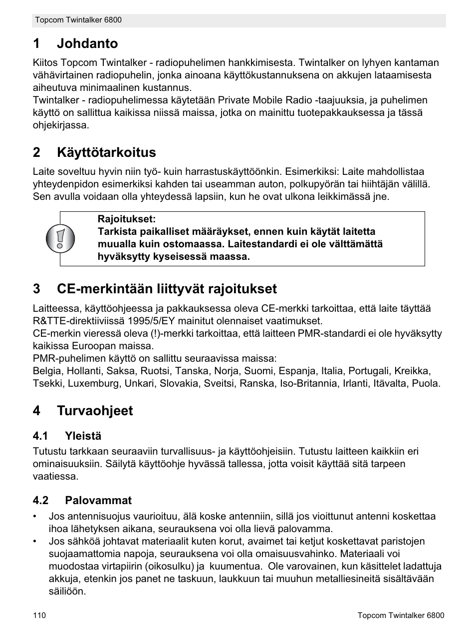 1johdanto, 2käyttötarkoitus, 3ce-merkintään liittyvät rajoitukset | 4turvaohjeet | Topcom Twintalker 6800 User Manual | Page 110 / 236