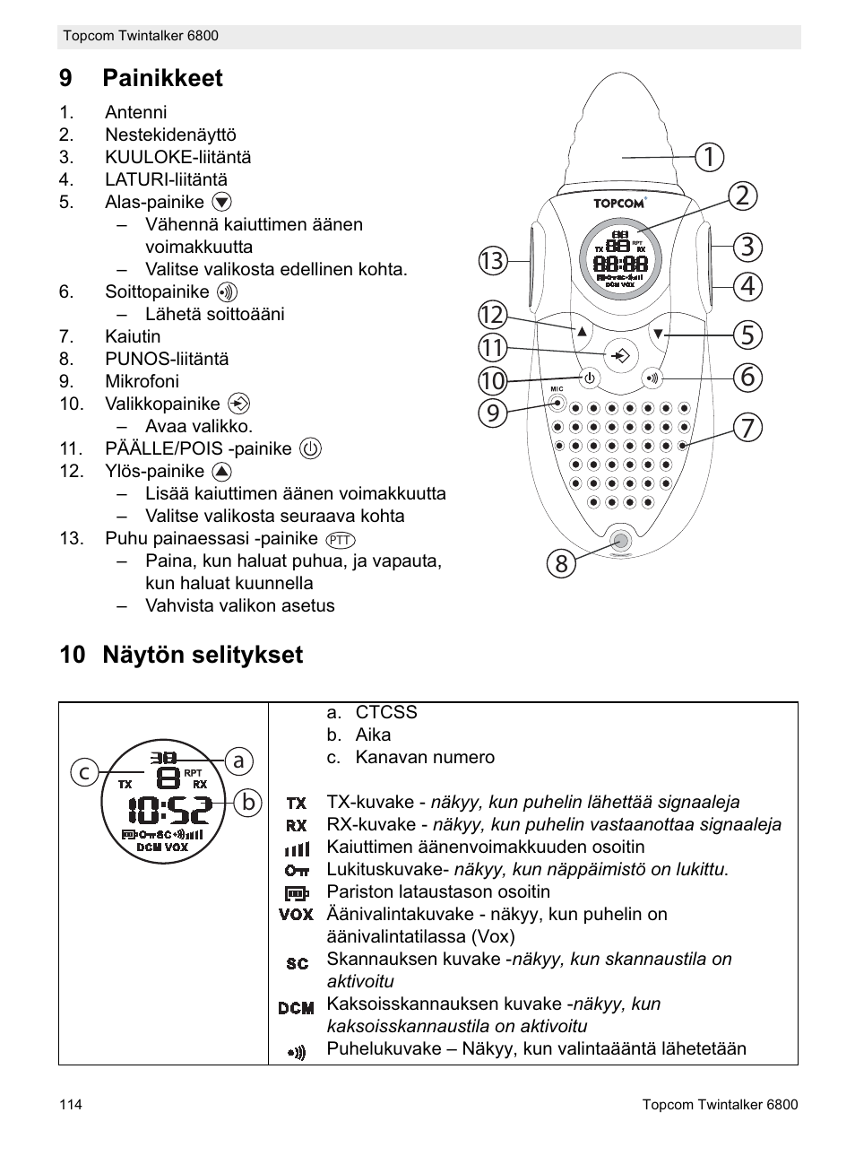 9painikkeet, 10 näytön selitykset, Ab c | Topcom Twintalker 6800 User Manual | Page 114 / 236