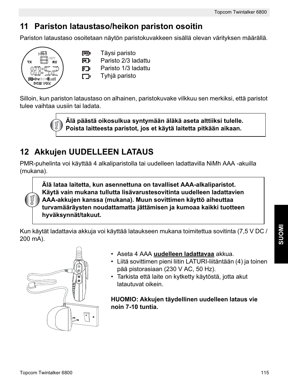 11 pariston lataustaso/heikon pariston osoitin, 12 akkujen uudelleen lataus | Topcom Twintalker 6800 User Manual | Page 115 / 236