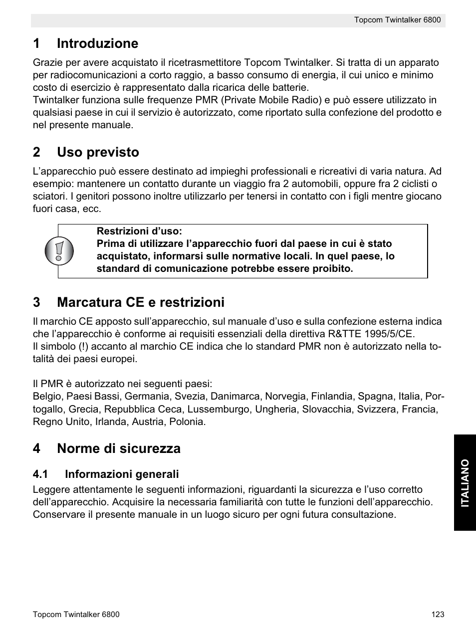 1introduzione, 2uso previsto, 3marcatura ce e restrizioni | 4norme di sicurezza | Topcom Twintalker 6800 User Manual | Page 123 / 236