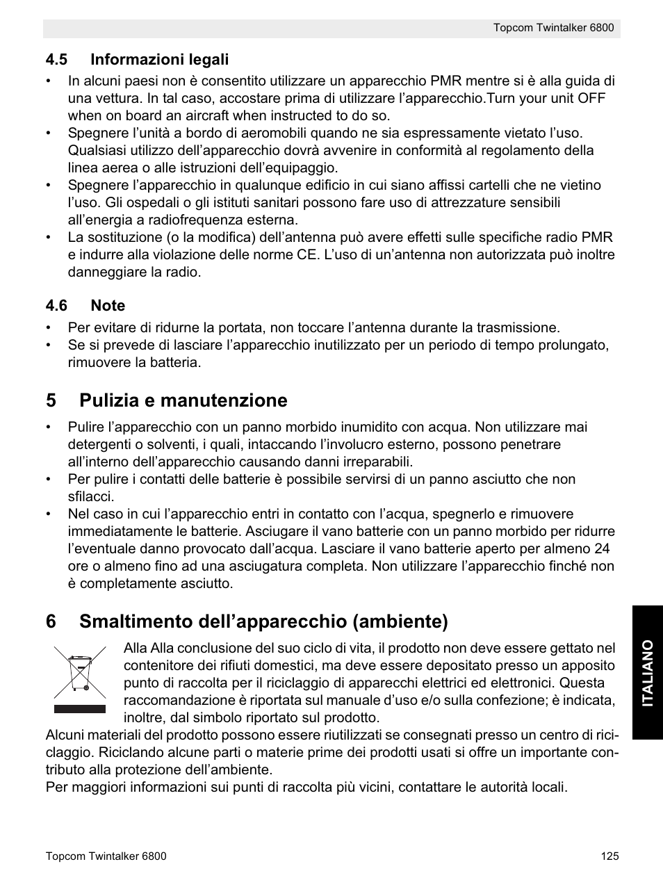 5pulizia e manutenzione, 6smaltimento dell’apparecchio (ambiente) | Topcom Twintalker 6800 User Manual | Page 125 / 236