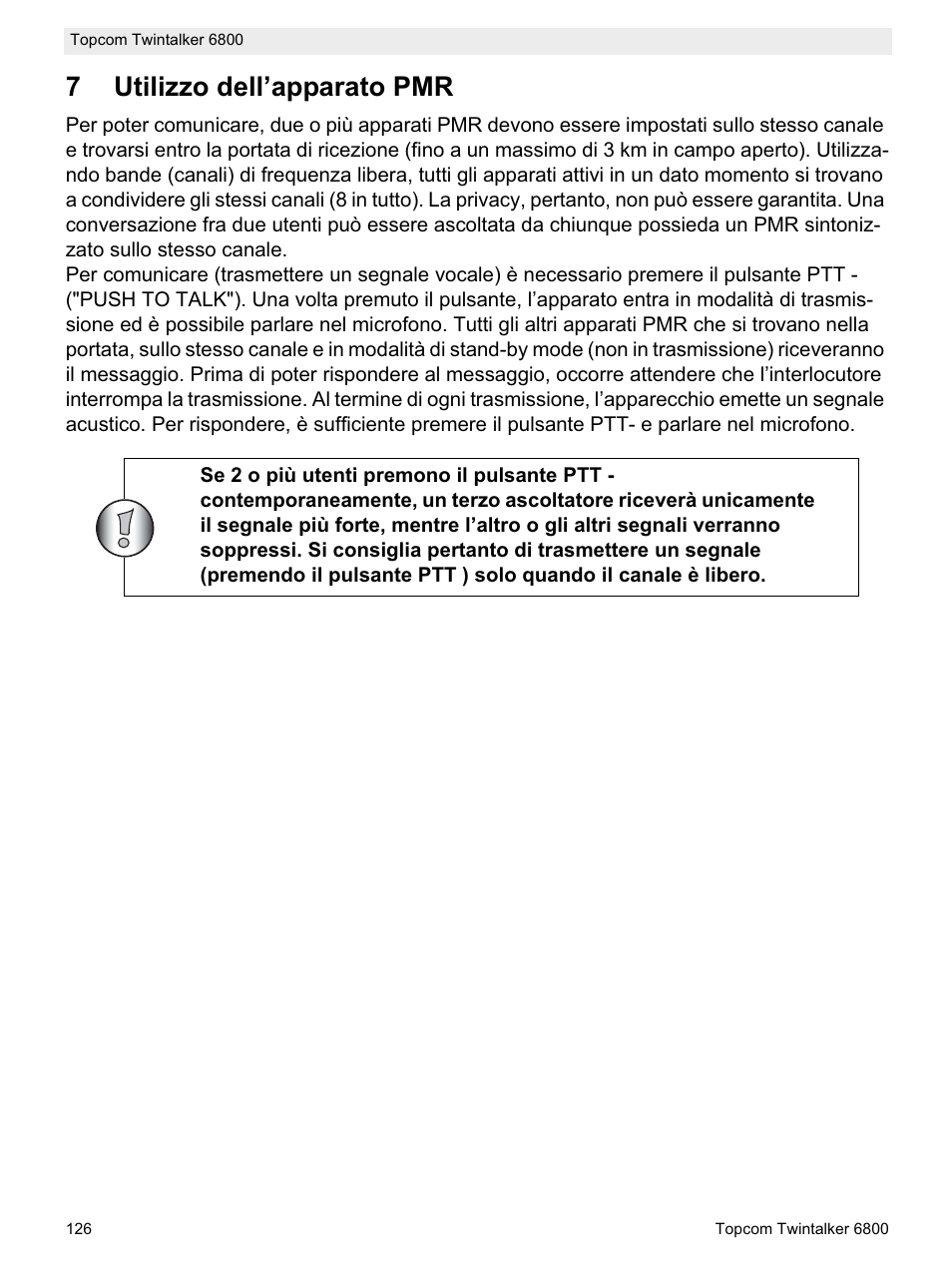 7utilizzo dell’apparato pmr | Topcom Twintalker 6800 User Manual | Page 126 / 236