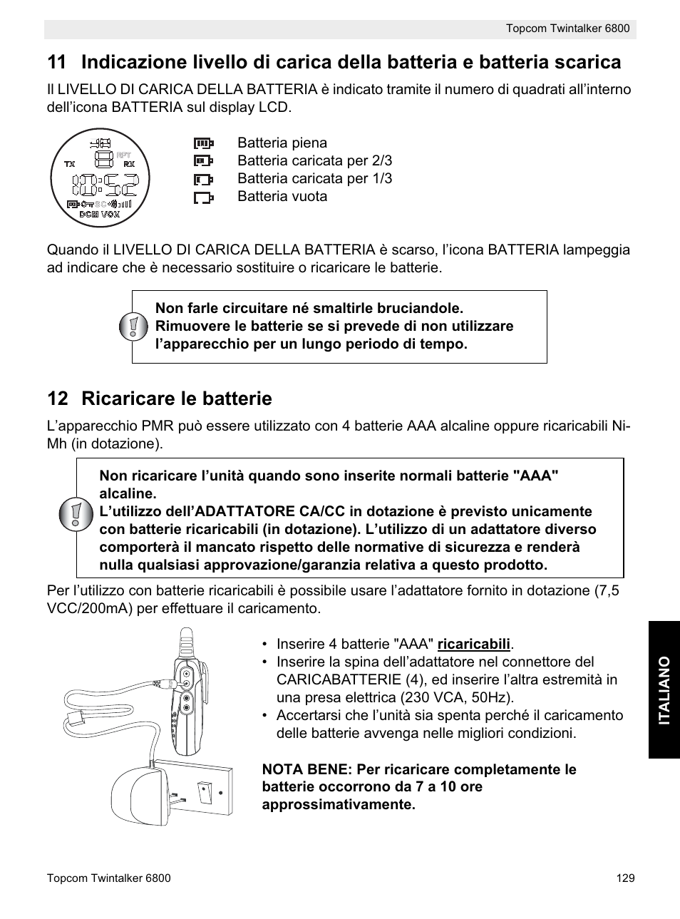 12 ricaricare le batterie | Topcom Twintalker 6800 User Manual | Page 129 / 236