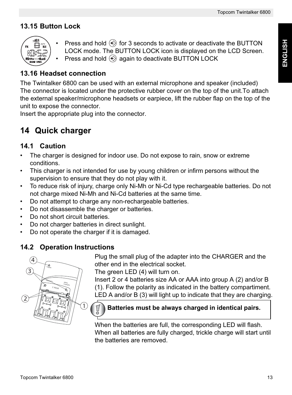 14 quick charger, 15 button lock, 16 headset connection | 1 caution, 2 operation instructions, Englis h | Topcom Twintalker 6800 User Manual | Page 13 / 236