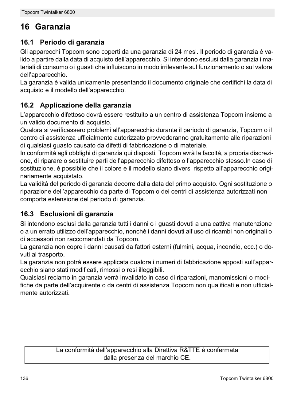 16 garanzia | Topcom Twintalker 6800 User Manual | Page 136 / 236