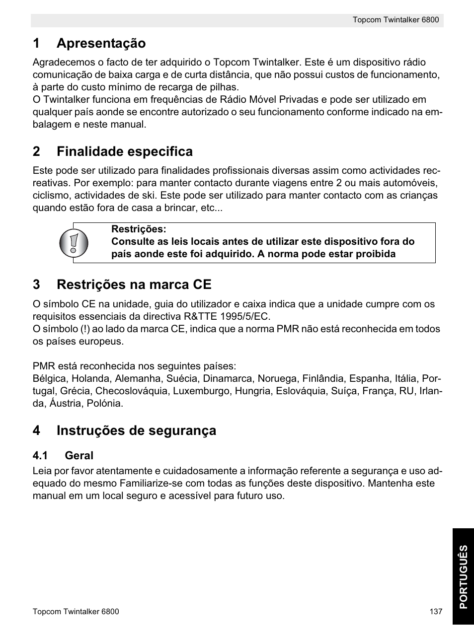 1apresentação, 2finalidade especifica, 3restrições na marca ce | 4instruções de segurança | Topcom Twintalker 6800 User Manual | Page 137 / 236