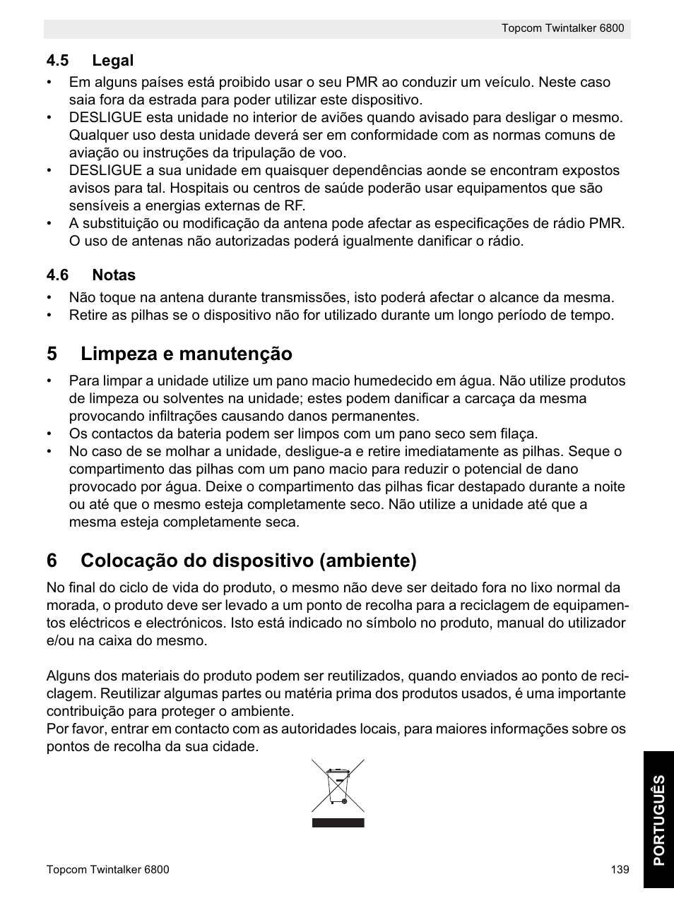 5limpeza e manutenção, 6colocação do dispositivo (ambiente) | Topcom Twintalker 6800 User Manual | Page 139 / 236