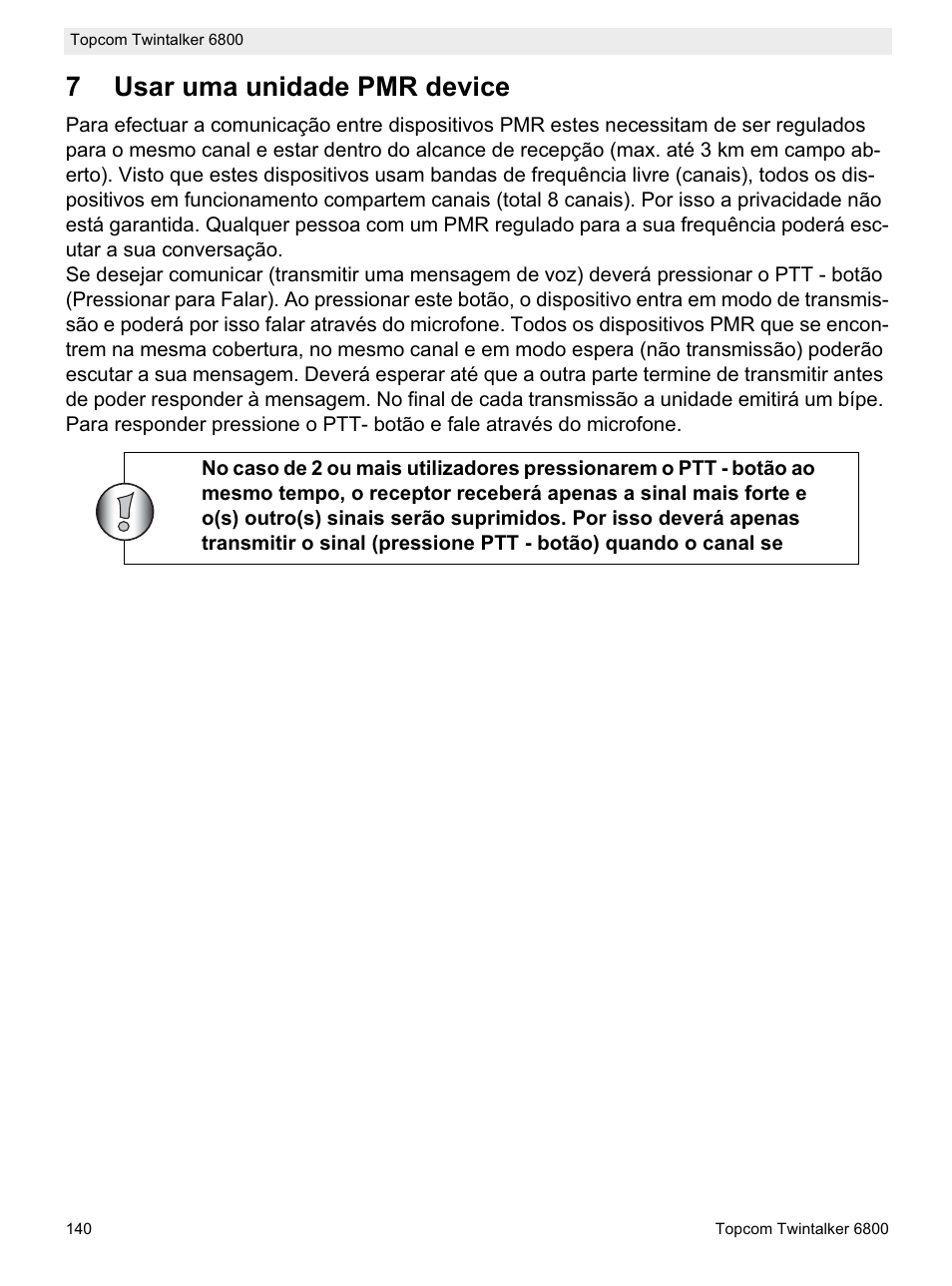 7usar uma unidade pmr device | Topcom Twintalker 6800 User Manual | Page 140 / 236