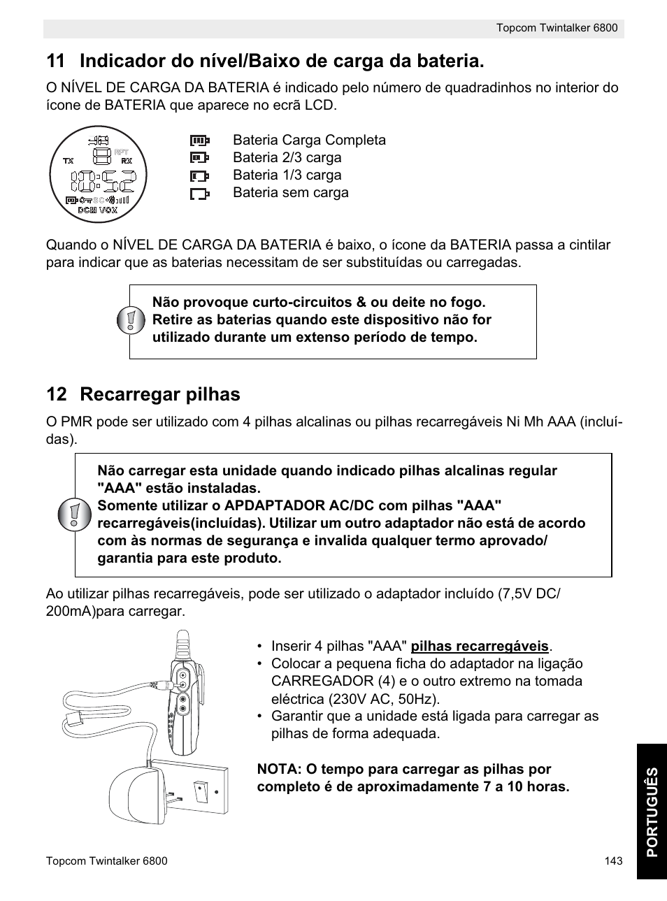 11 indicador do nível/baixo de carga da bateria, 12 recarregar pilhas | Topcom Twintalker 6800 User Manual | Page 143 / 236