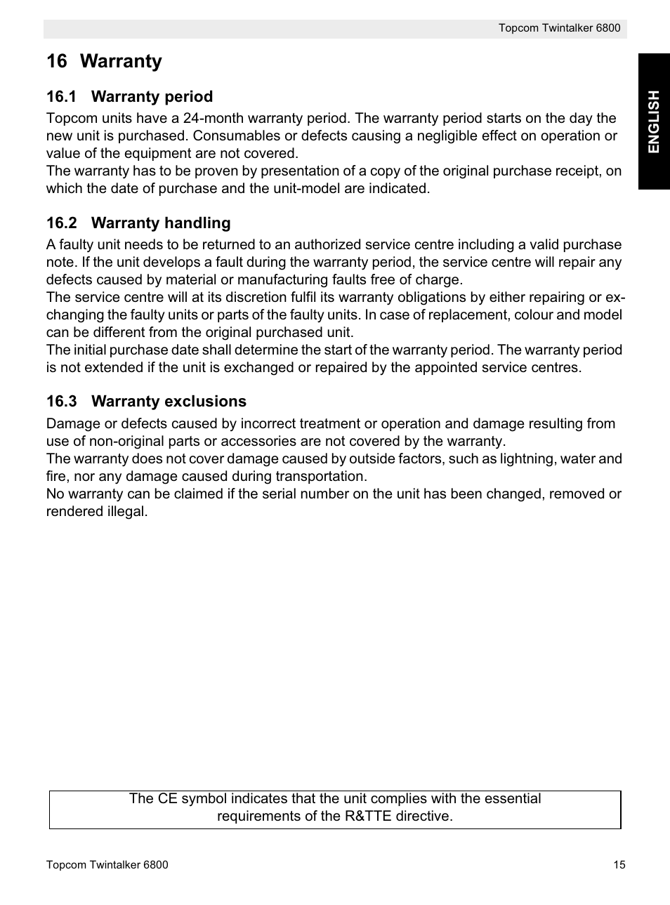 16 warranty | Topcom Twintalker 6800 User Manual | Page 15 / 236