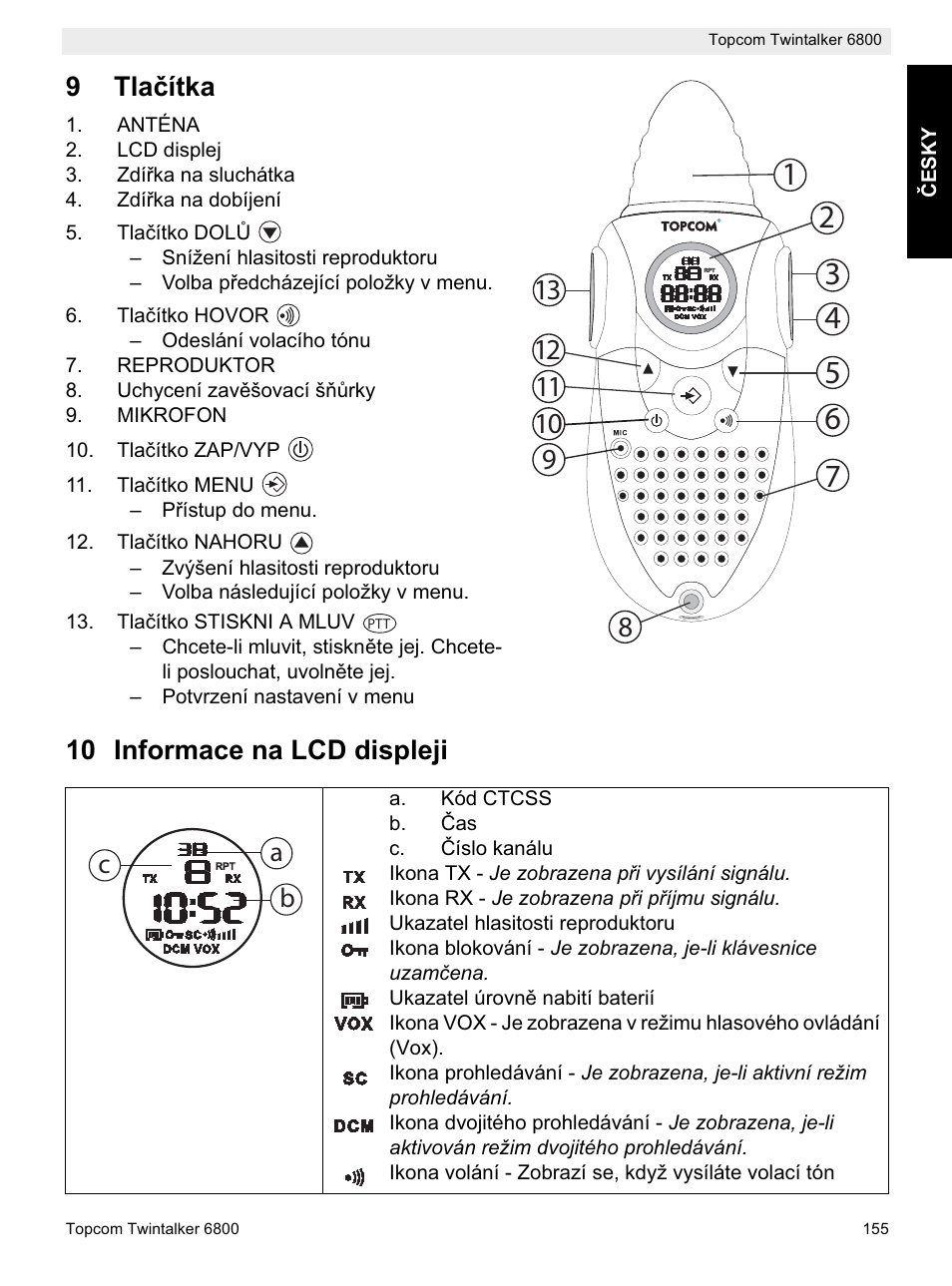 9tlaþítka, 10 informace na lcd displeji, Ab c | Topcom Twintalker 6800 User Manual | Page 155 / 236