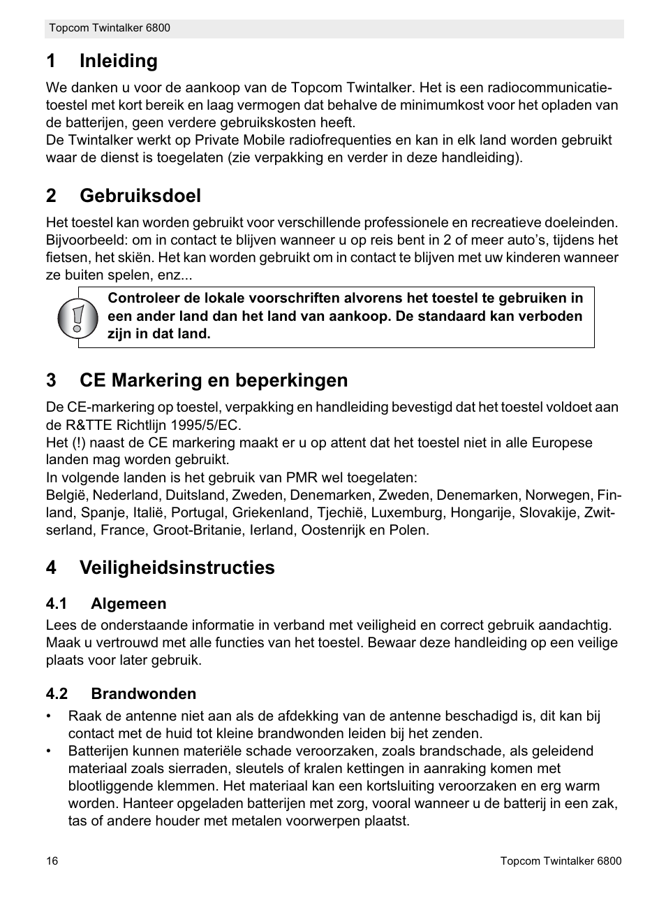 1inleiding, 2gebruiksdoel, 3ce markering en beperkingen | 4veiligheidsinstructies | Topcom Twintalker 6800 User Manual | Page 16 / 236