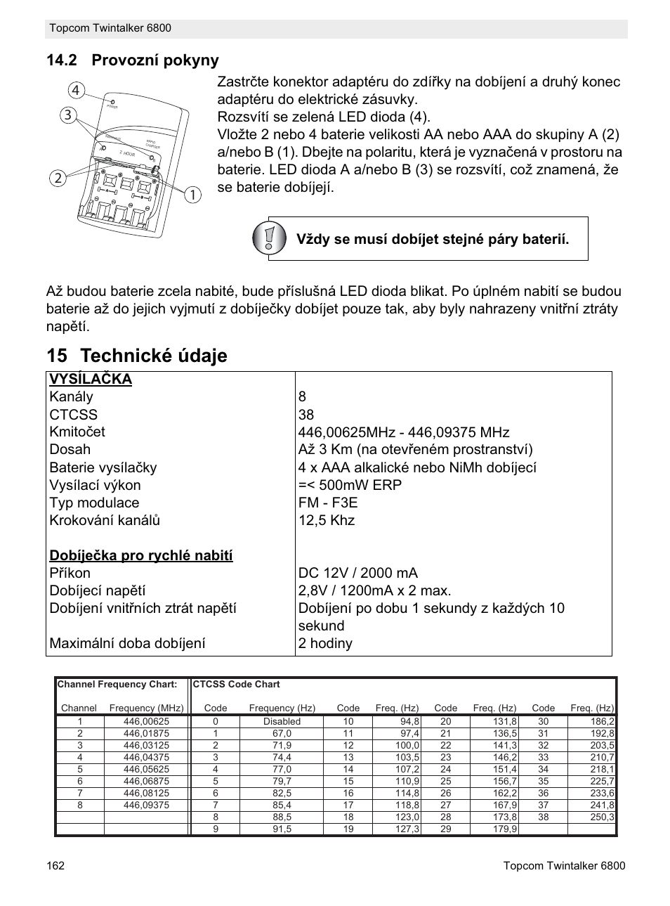 15 technické údaje, 2 provozní pokyny, Vždy se musí dobíjet stejné páry baterií | Topcom Twintalker 6800 User Manual | Page 162 / 236