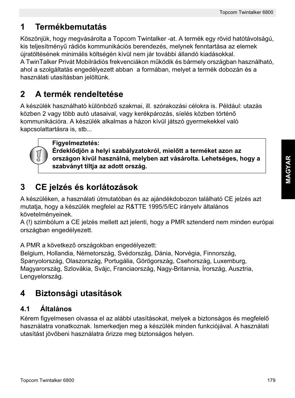 1termékbemutatás, 2a termék rendeltetése, 3ce jelzés és korlátozások | 4biztonsági utasítások | Topcom Twintalker 6800 User Manual | Page 179 / 236