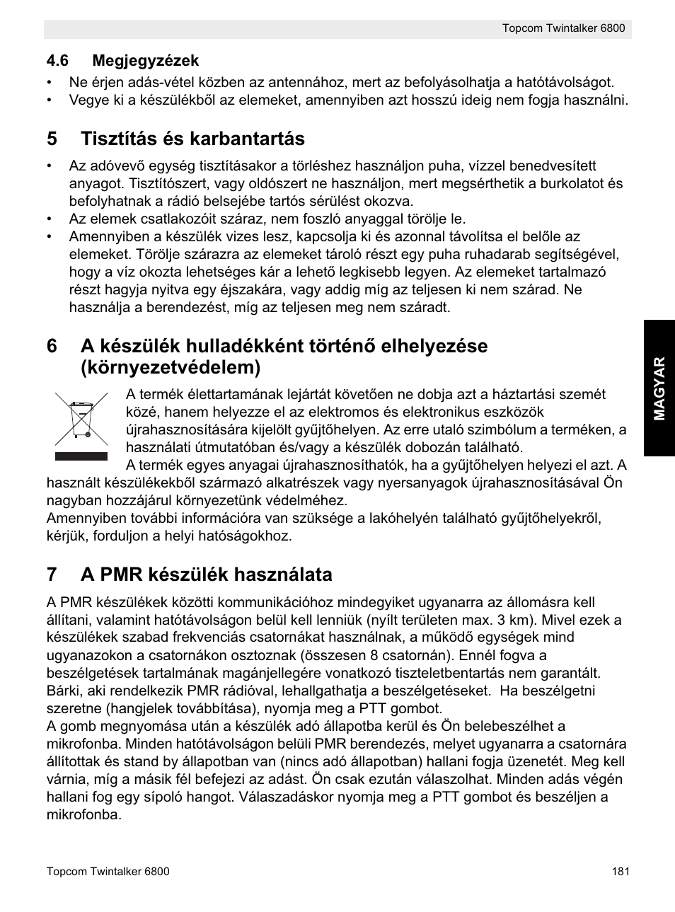 5tisztítás és karbantartás, 7a pmr készülék használata | Topcom Twintalker 6800 User Manual | Page 181 / 236