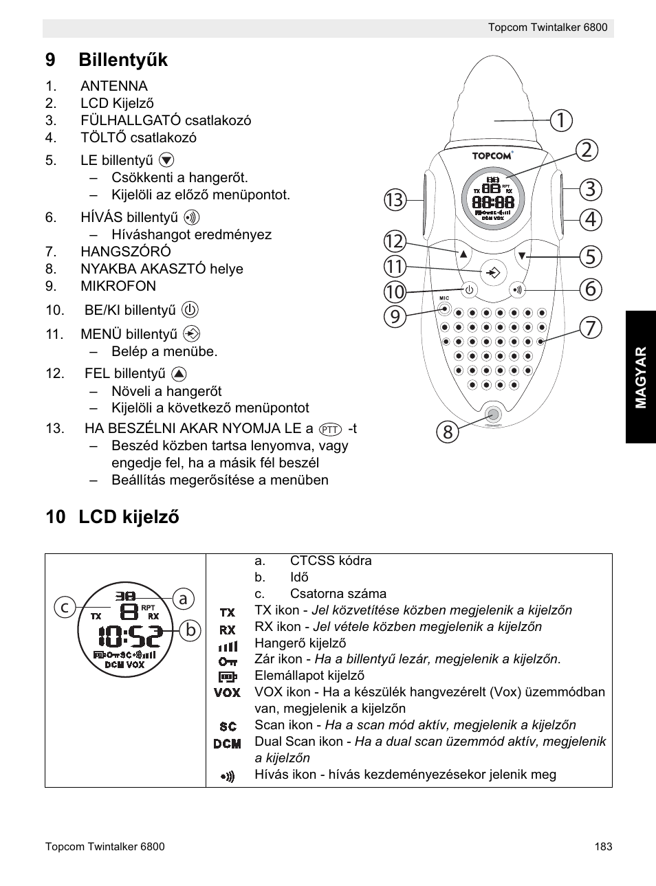 9billentyħk, 10 lcd kijelzę, Ab c | Topcom Twintalker 6800 User Manual | Page 183 / 236