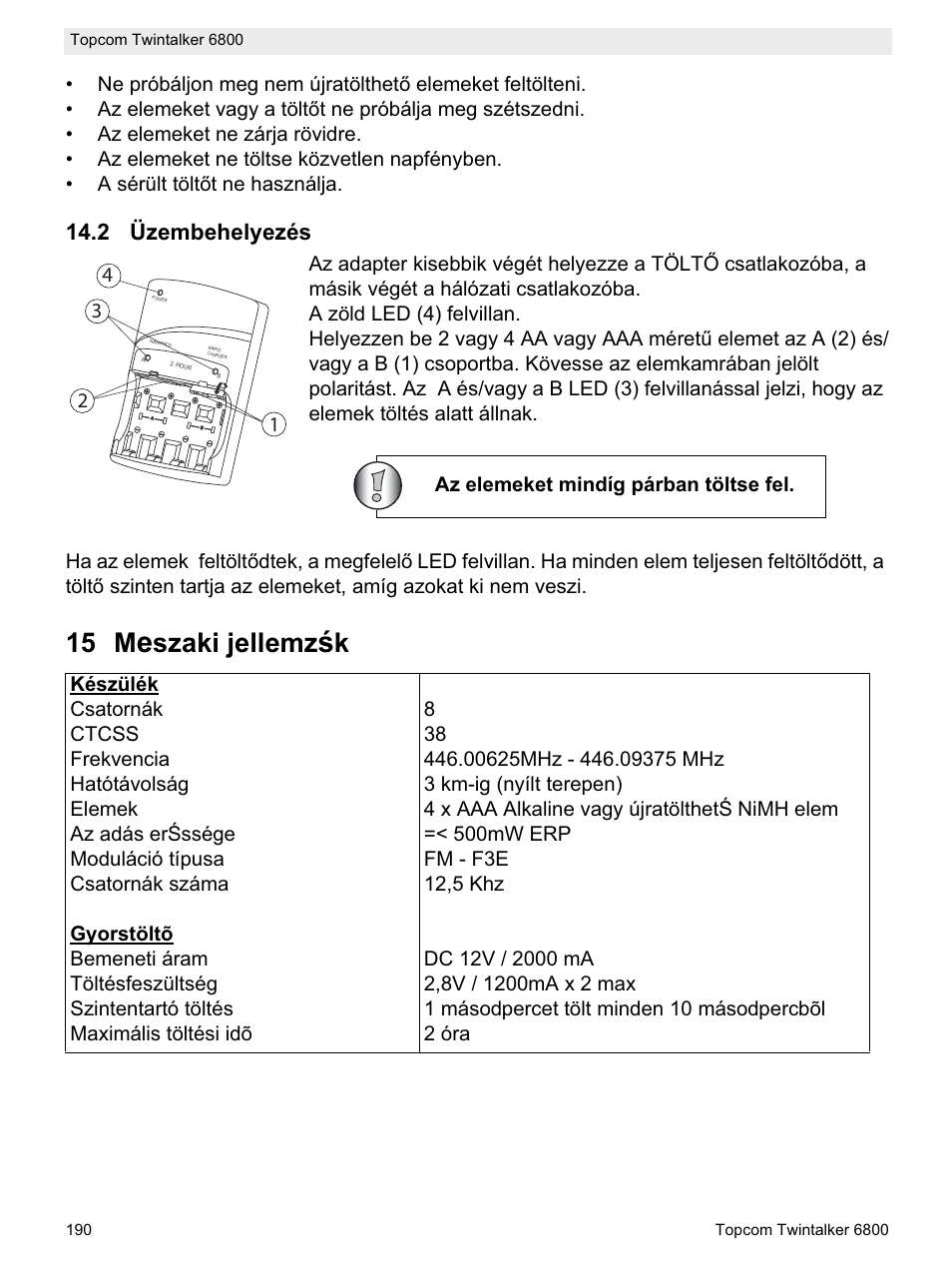 15 m, Szaki jellemz, 2 üzembehelyezés | Az elemeket mindíg párban töltse fel | Topcom Twintalker 6800 User Manual | Page 190 / 236