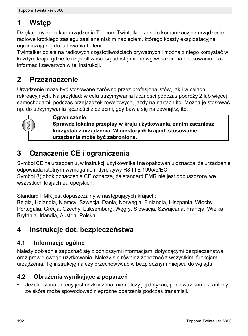 1wstċp, 2przeznaczenie, 3oznaczenie ce i ograniczenia | 4instrukcje dot. bezpieczeĕstwa | Topcom Twintalker 6800 User Manual | Page 192 / 236