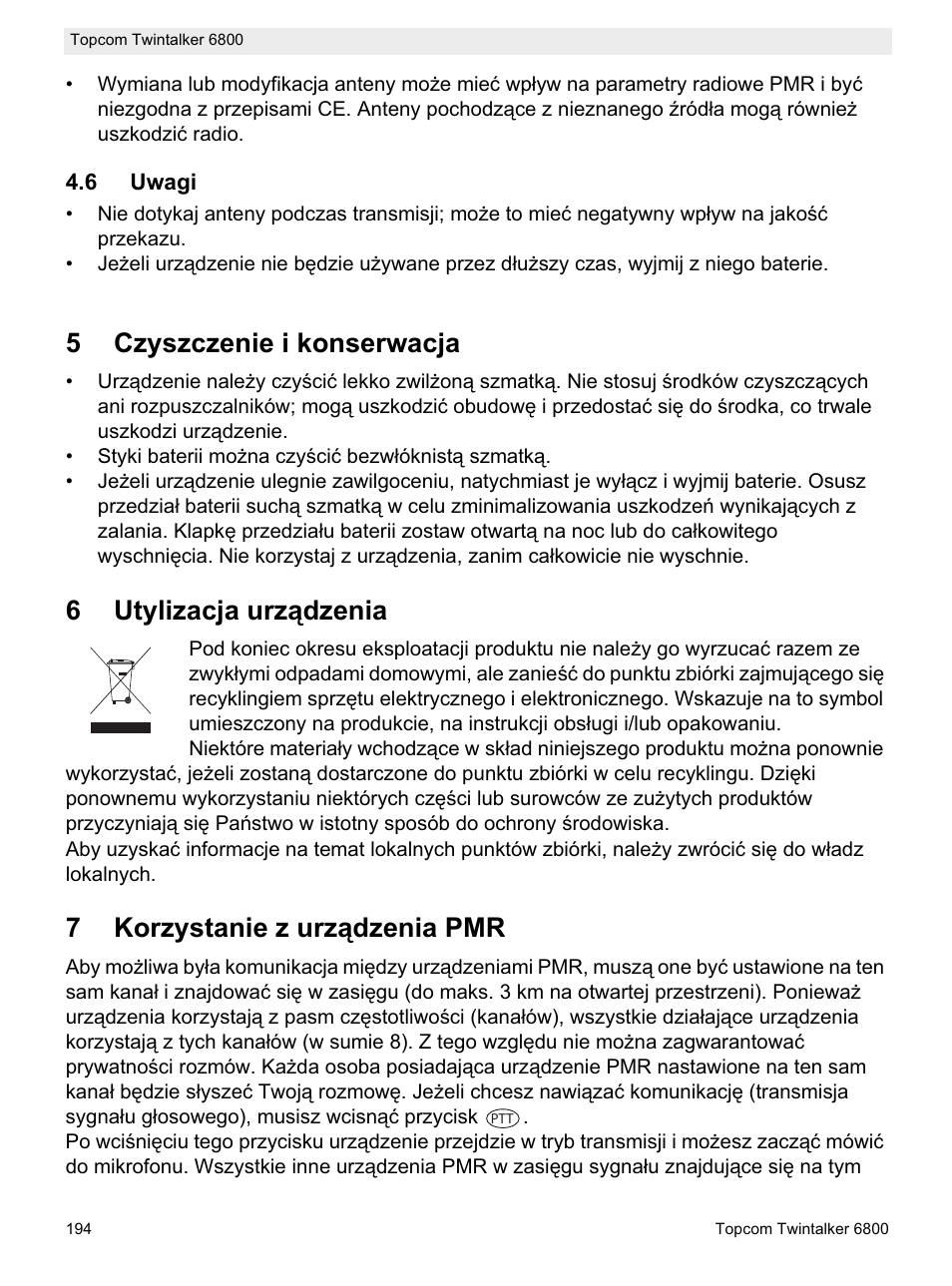 5czyszczenie i konserwacja, 6utylizacja urządzenia, 7korzystanie z urządzenia pmr | Topcom Twintalker 6800 User Manual | Page 194 / 236