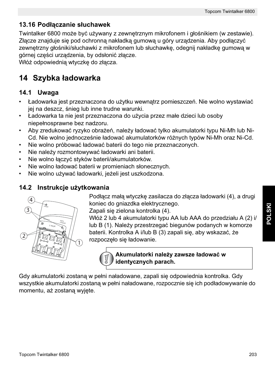 14 szybka áadowarka, 16 podáączanie sáuchawek, 1 uwaga | 2 instrukcje uīytkowania, Polski | Topcom Twintalker 6800 User Manual | Page 203 / 236