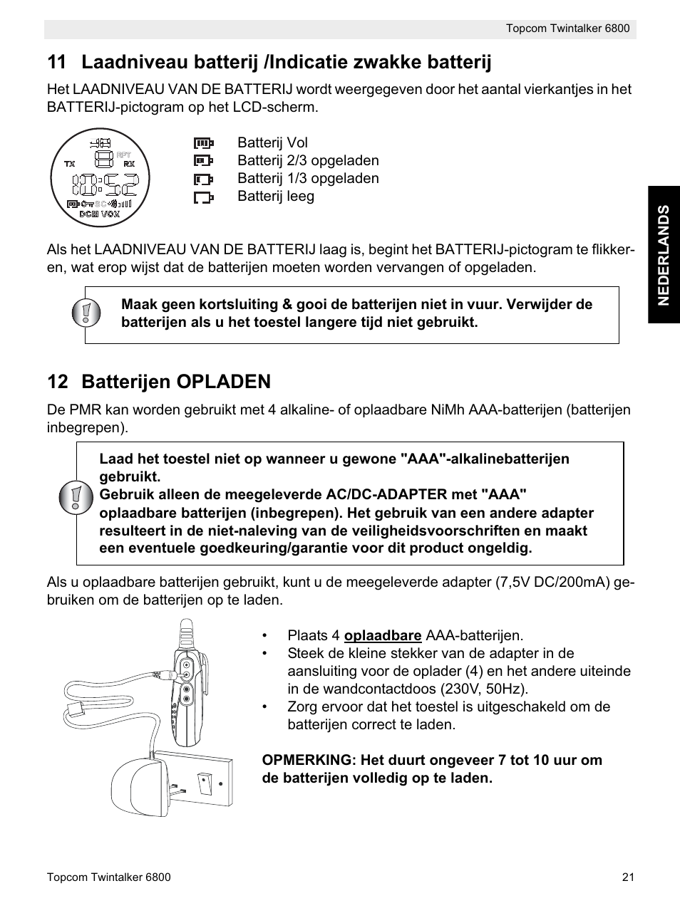 11 laadniveau batterij /indicatie zwakke batterij, 12 batterijen opladen | Topcom Twintalker 6800 User Manual | Page 21 / 236