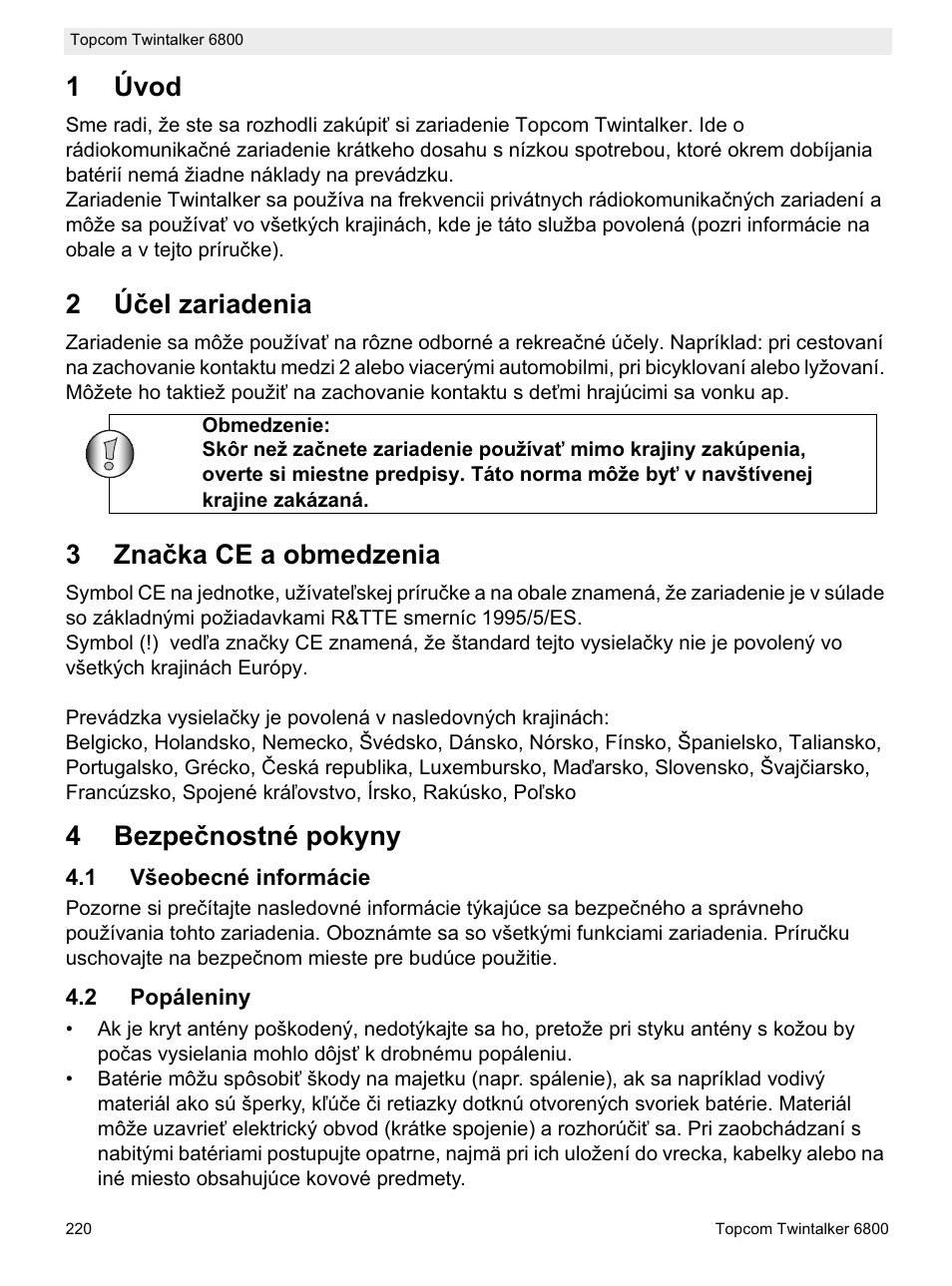 1úvod, 2úþel zariadenia, 3znaþka ce a obmedzenia | 4bezpeþnostné pokyny | Topcom Twintalker 6800 User Manual | Page 220 / 236