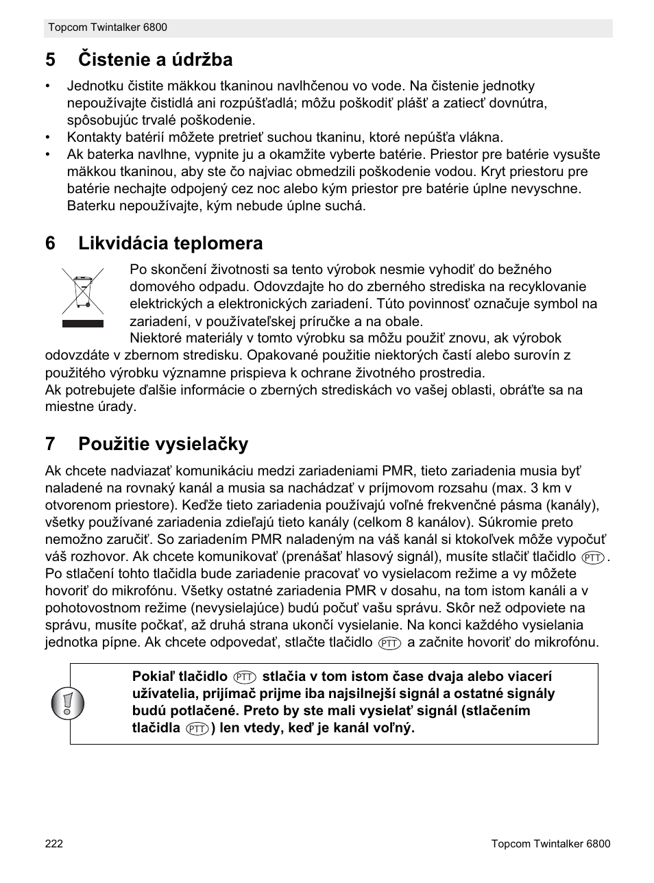 5ýistenie a údržba, 6likvidácia teplomera, 7použitie vysielaþky | Topcom Twintalker 6800 User Manual | Page 222 / 236