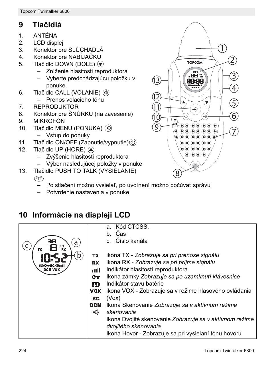 9tlaþidlá, 10 informácie na displeji lcd, Ab c | Topcom Twintalker 6800 User Manual | Page 224 / 236