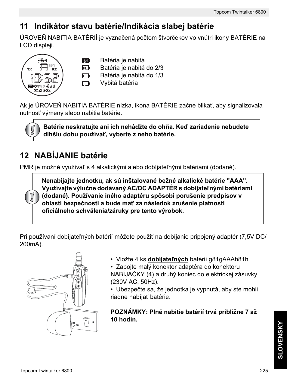 12 nabíjanie batérie | Topcom Twintalker 6800 User Manual | Page 225 / 236