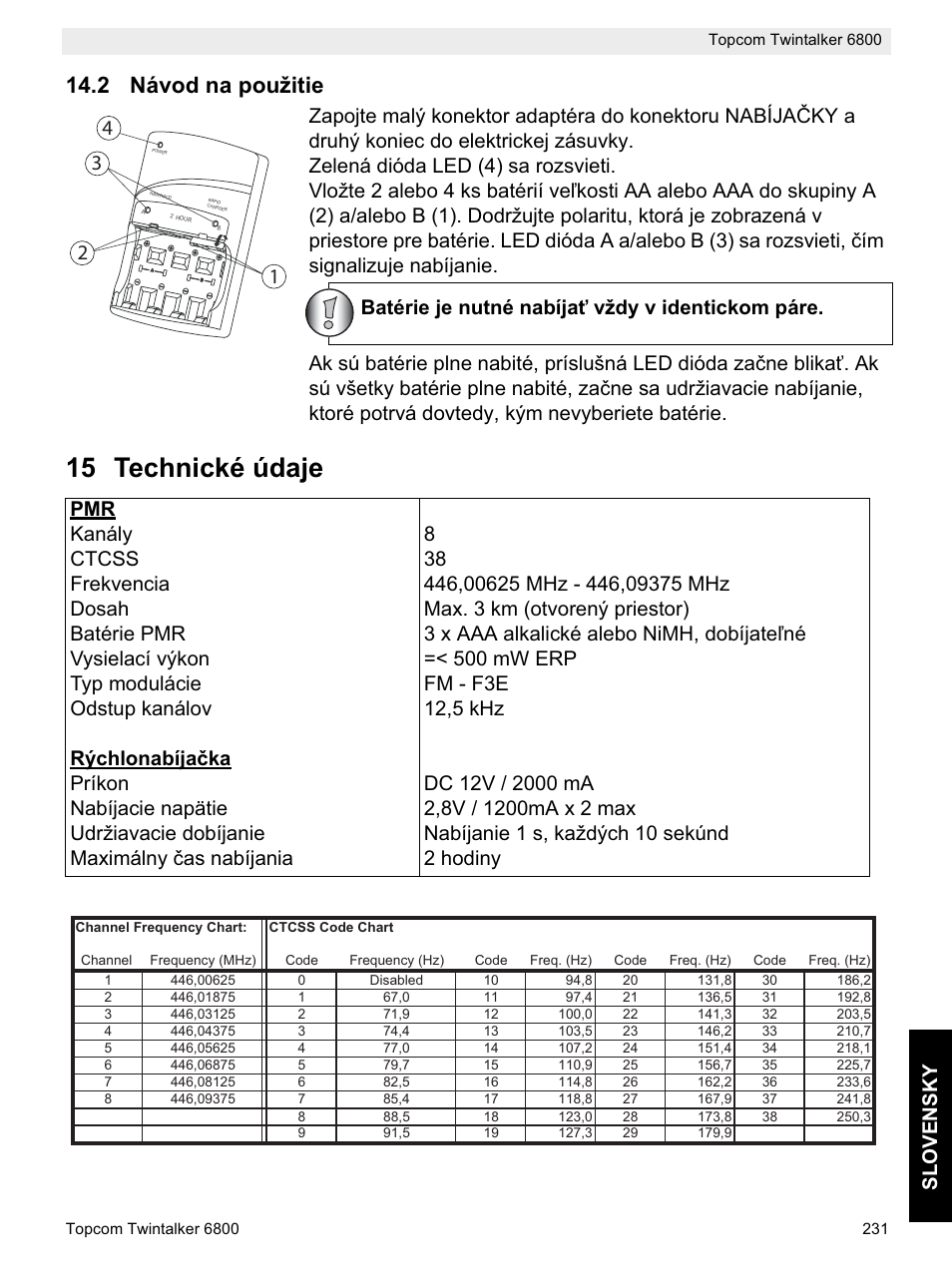 15 technické údaje, 2 návod na použitie, Batérie je nutné nabíjaģ vždy v identickom páre | Topcom Twintalker 6800 User Manual | Page 231 / 236