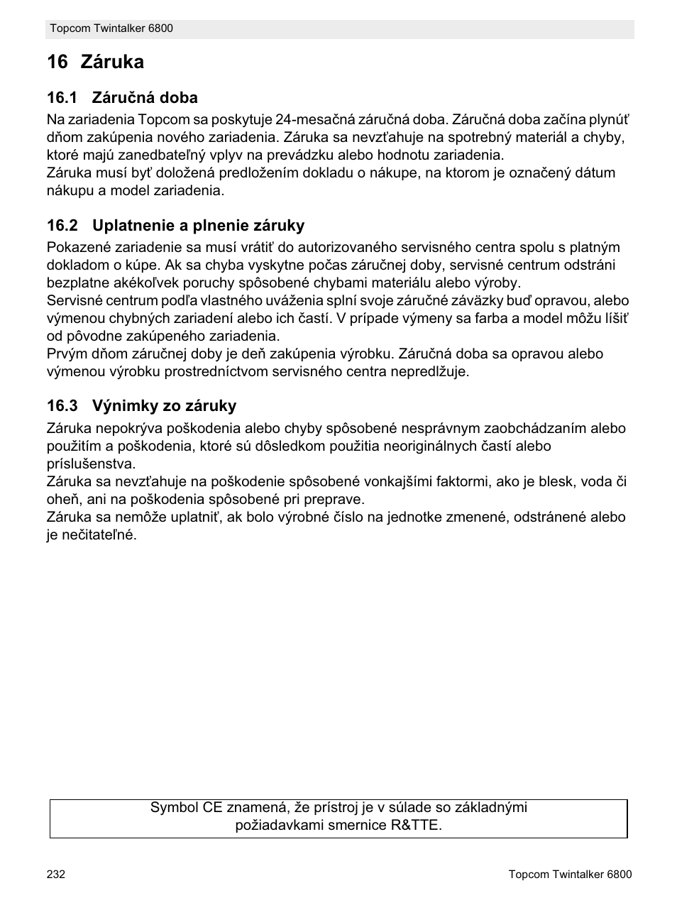 16 záruka | Topcom Twintalker 6800 User Manual | Page 232 / 236