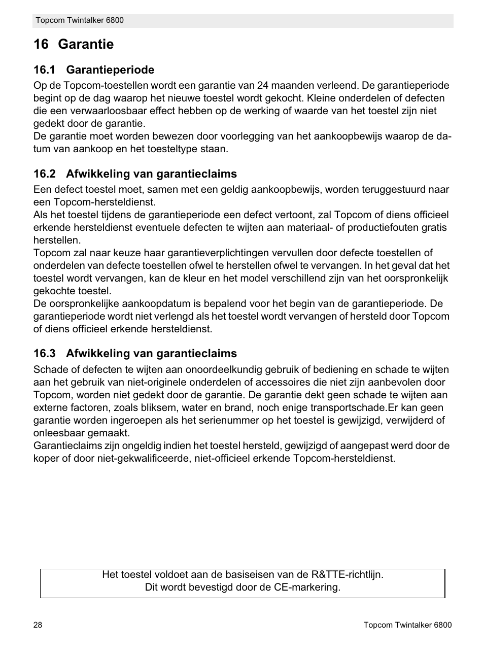 16 garantie | Topcom Twintalker 6800 User Manual | Page 28 / 236