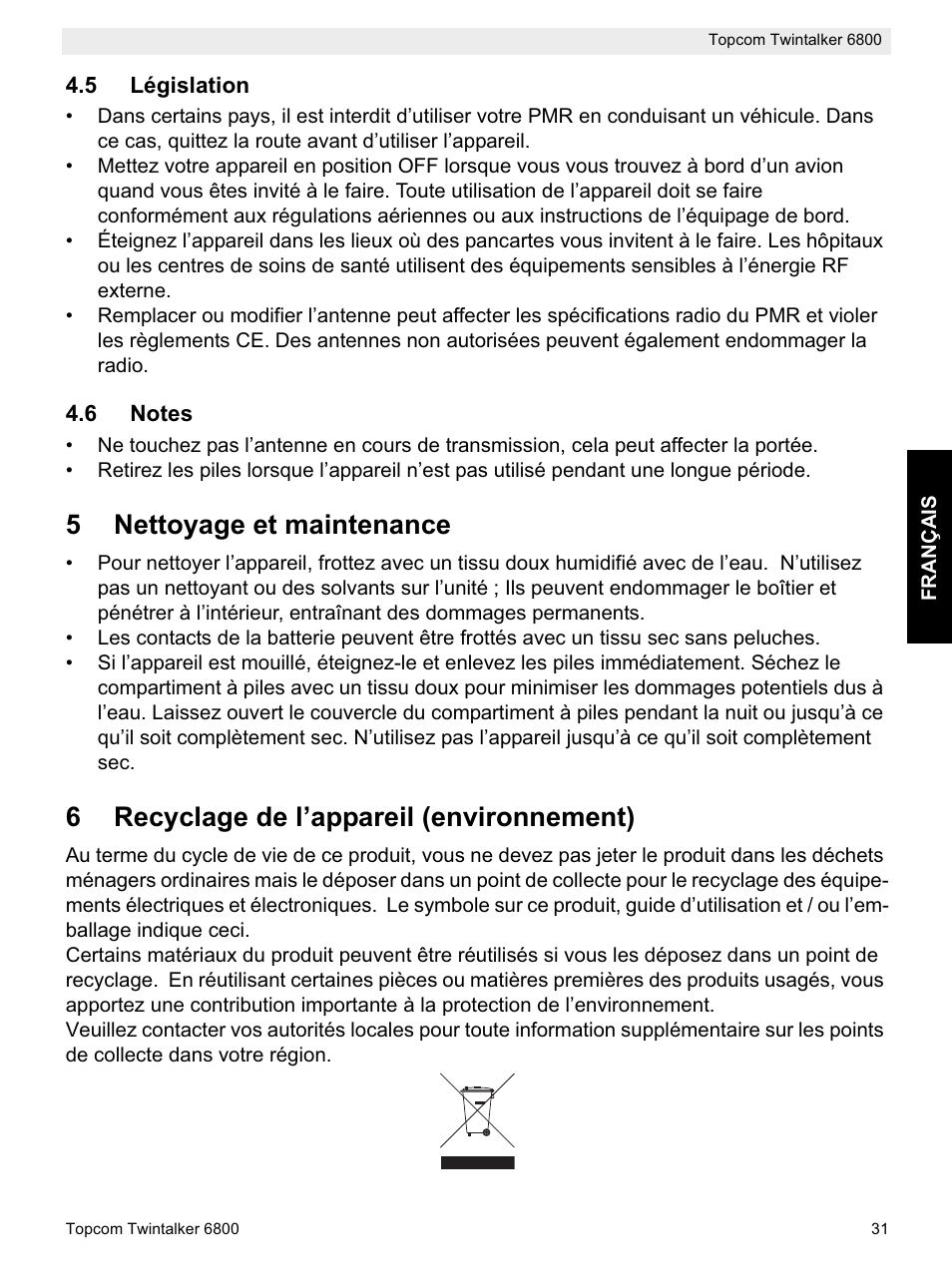 5nettoyage et maintenance, 6recyclage de l’appareil (environnement) | Topcom Twintalker 6800 User Manual | Page 31 / 236