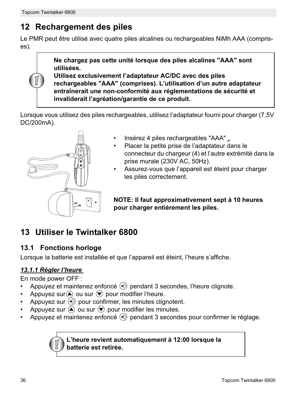 12 rechargement des piles | Topcom Twintalker 6800 User Manual | Page 36 / 236