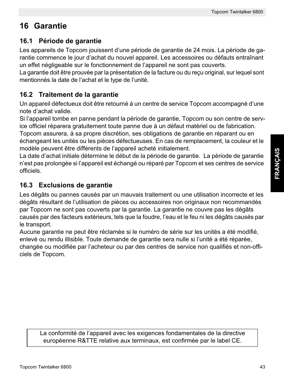 16 garantie | Topcom Twintalker 6800 User Manual | Page 43 / 236