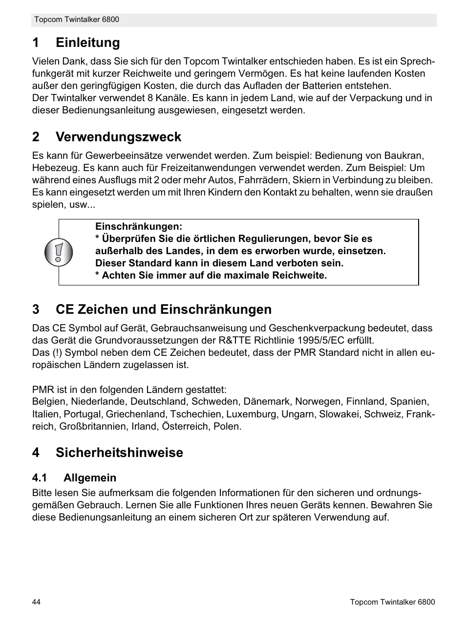 1einleitung, 2verwendungszweck, 3ce zeichen und einschränkungen | 4sicherheitshinweise | Topcom Twintalker 6800 User Manual | Page 44 / 236