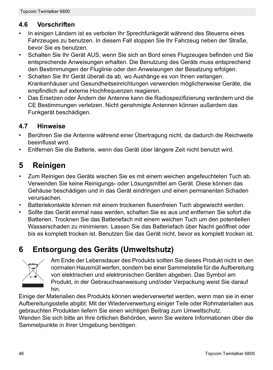 5reinigen, 6entsorgung des geräts (umweltshutz) | Topcom Twintalker 6800 User Manual | Page 46 / 236