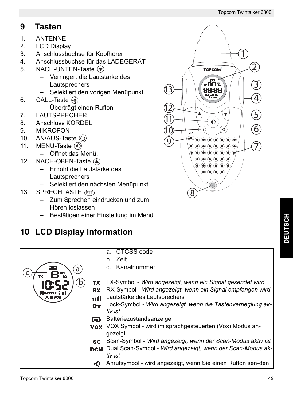 9tasten, 10 lcd display information | Topcom Twintalker 6800 User Manual | Page 49 / 236