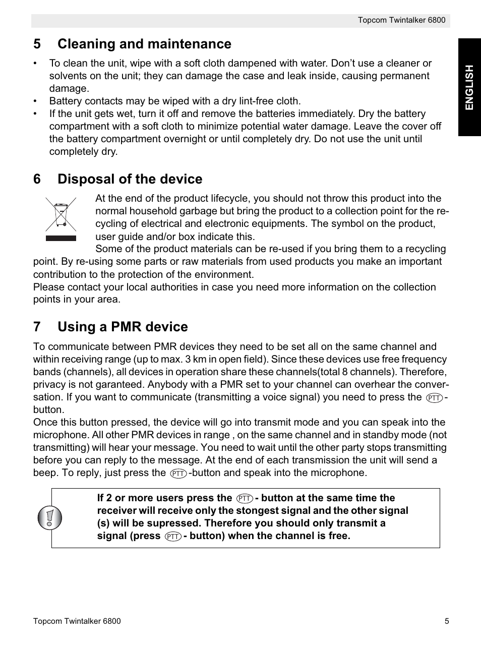 5cleaning and maintenance, 6disposal of the device, 7using a pmr device | Topcom Twintalker 6800 User Manual | Page 5 / 236