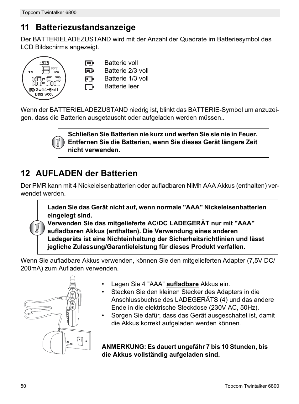 11 batteriezustandsanzeige, 12 aufladen der batterien | Topcom Twintalker 6800 User Manual | Page 50 / 236