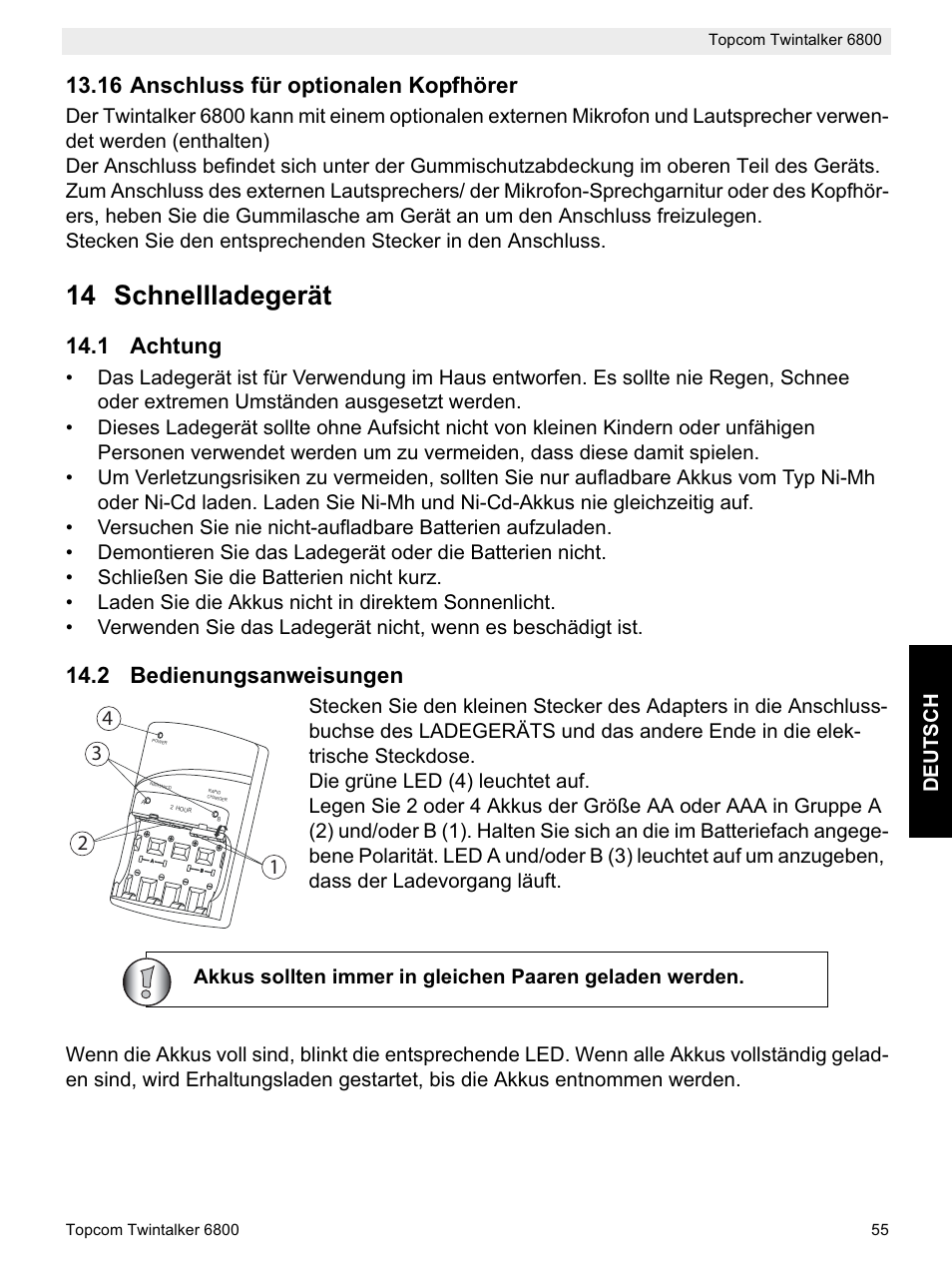 14 schnellladegerät, 16 anschluss für optionalen kopfhörer, 1 achtung | 2 bedienungsanweisungen, De ut sc h | Topcom Twintalker 6800 User Manual | Page 55 / 236