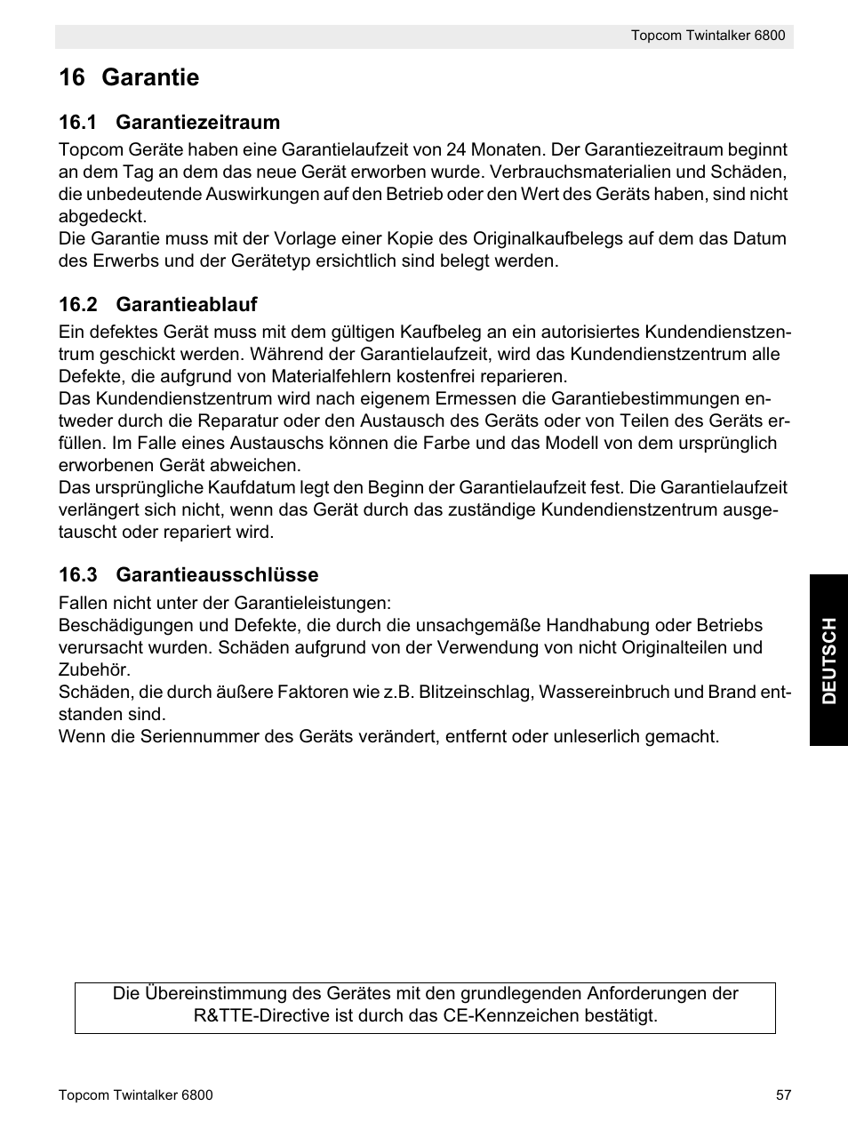 16 garantie | Topcom Twintalker 6800 User Manual | Page 57 / 236