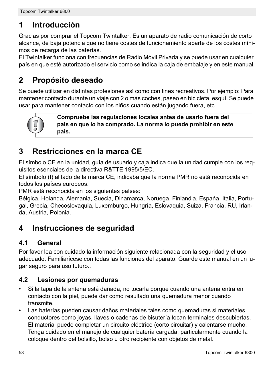 1introducción, 2propósito deseado, 3restricciones en la marca ce | 4instrucciones de seguridad | Topcom Twintalker 6800 User Manual | Page 58 / 236