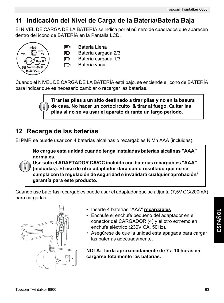 12 recarga de las baterías | Topcom Twintalker 6800 User Manual | Page 63 / 236