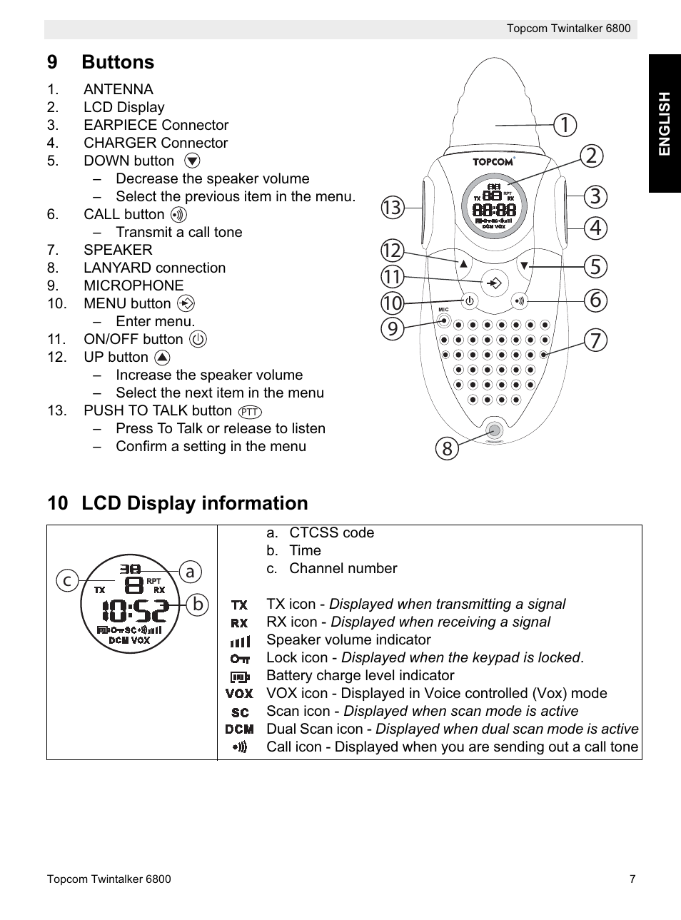 9buttons, 10 lcd display information, Ab c | Topcom Twintalker 6800 User Manual | Page 7 / 236